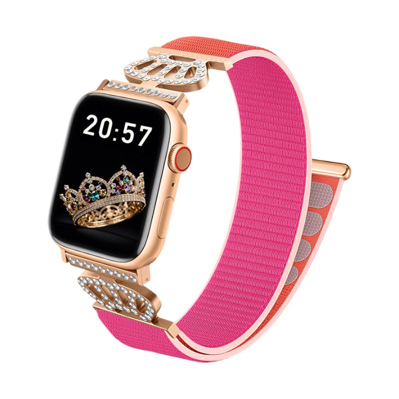 Pulsera de nailón elástico para Apple Watch, conectores de acero inoxidable con motivo de corona engastada en cristales, ajustable y ligera, modelo Irène