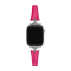 Correa fina para mujer, material sintético efecto cocodrilo, conectores con pedrería brillante, compatible con Apple Watch, elegancia en la muñeca, modelo Crozia