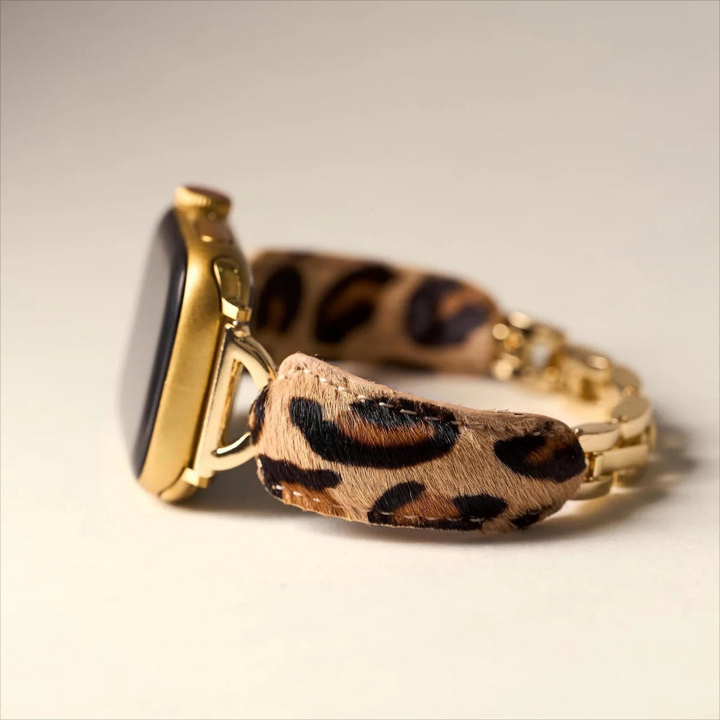 Correa leopardo para Apple Watch, estilo atrevido, acabados dorados brillantes y textura efecto pelo, modelo Keisha