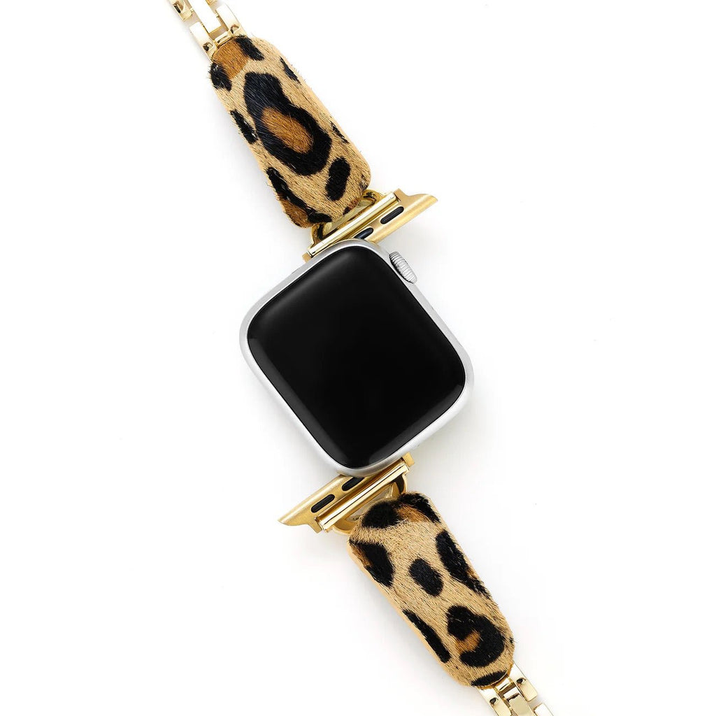 Correa leopardo para Apple Watch, estilo atrevido, acabados dorados brillantes y textura efecto pelo, modelo Keisha