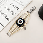 Correa Apple Watch multicapa trenzada, con perlas de madera y colgante de hoja, estilo bohemio, modelo Trossa