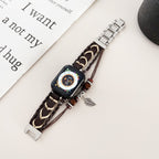 Correa Apple Watch multicapa trenzada, con perlas de madera y colgante de hoja, estilo bohemio, modelo Trossa