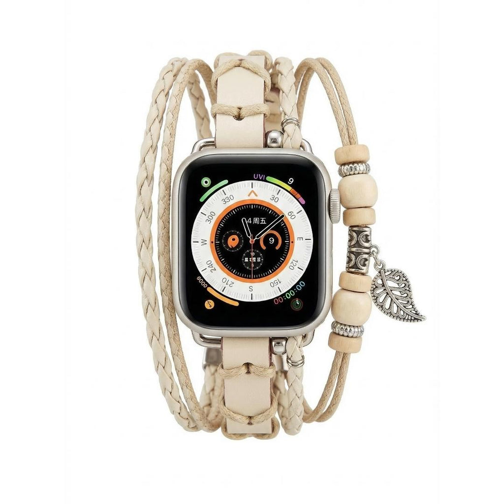 Correa Apple Watch multicapa trenzada, con perlas de madera y colgante de hoja, estilo bohemio, modelo Trossa