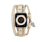 Correa Apple Watch multicapa trenzada, con perlas de madera y colgante de hoja, estilo bohemio, modelo Trossa