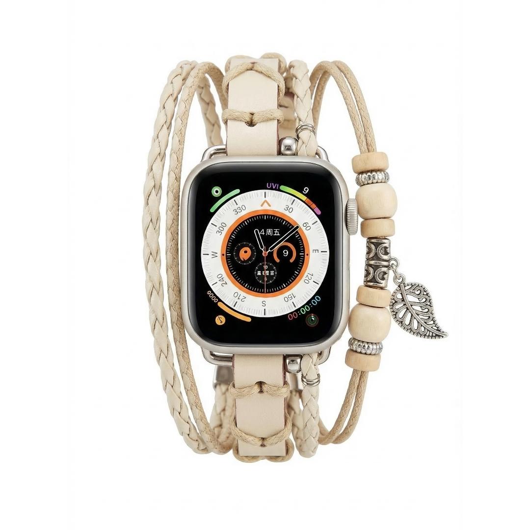 Correa Apple Watch multicapa trenzada, con perlas de madera y colgante de hoja, estilo bohemio, modelo Trossa