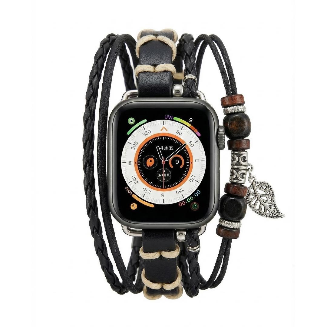 Correa Apple Watch multicapa trenzada, con perlas de madera y colgante de hoja, estilo bohemio, modelo Trossa