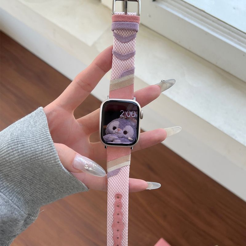 Correa Apple Watch de tela tejida, motivos ondulados de colores, detalles de ante, modelo Claire