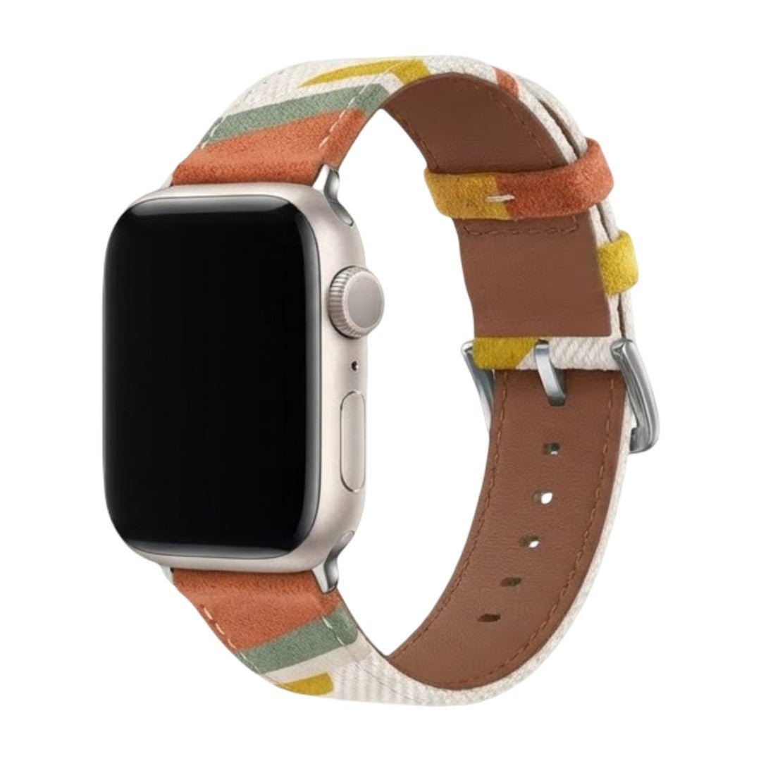 Correa Apple Watch de tela tejida, motivos ondulados de colores, detalles de ante, modelo Claire