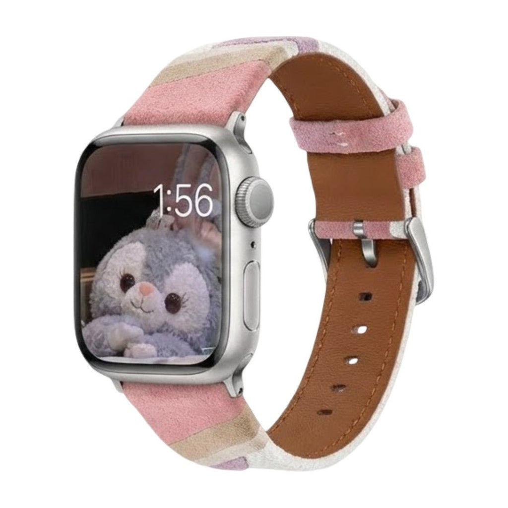 Correa Apple Watch de tela tejida, motivos ondulados de colores, detalles de ante, modelo Claire