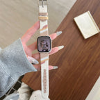 Correa Apple Watch de tela tejida, motivos ondulados de colores, detalles de ante, modelo Claire