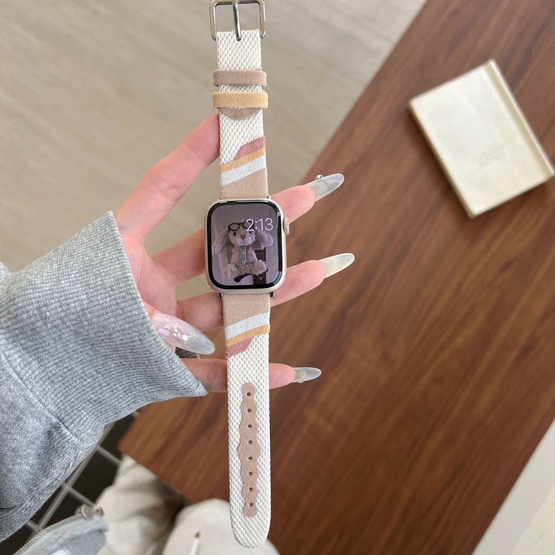 Correa Apple Watch de tela tejida, motivos ondulados de colores, detalles de ante, modelo Claire