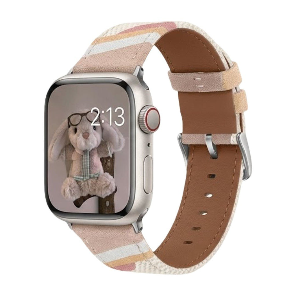 Correa Apple Watch de tela tejida, motivos ondulados de colores, detalles de ante, modelo Claire