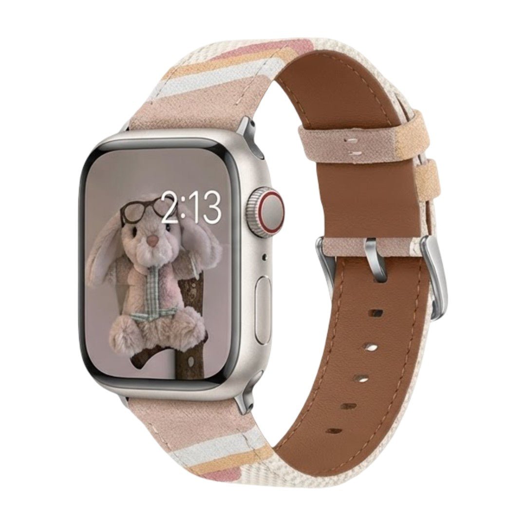 Correa Apple Watch de tela tejida, motivos ondulados de colores, detalles de ante, modelo Claire