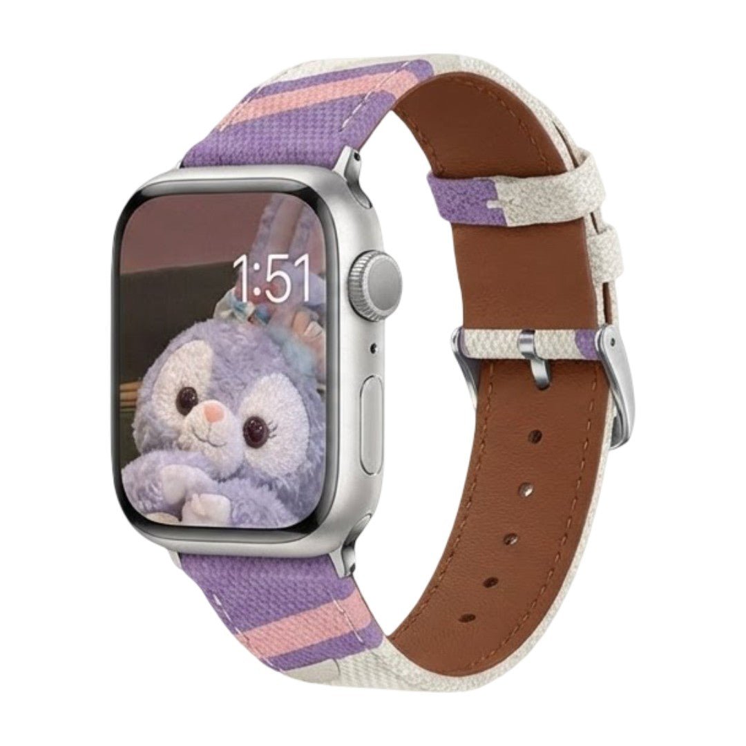 Correa Apple Watch de tela tejida, motivos ondulados de colores, detalles de ante, modelo Claire
