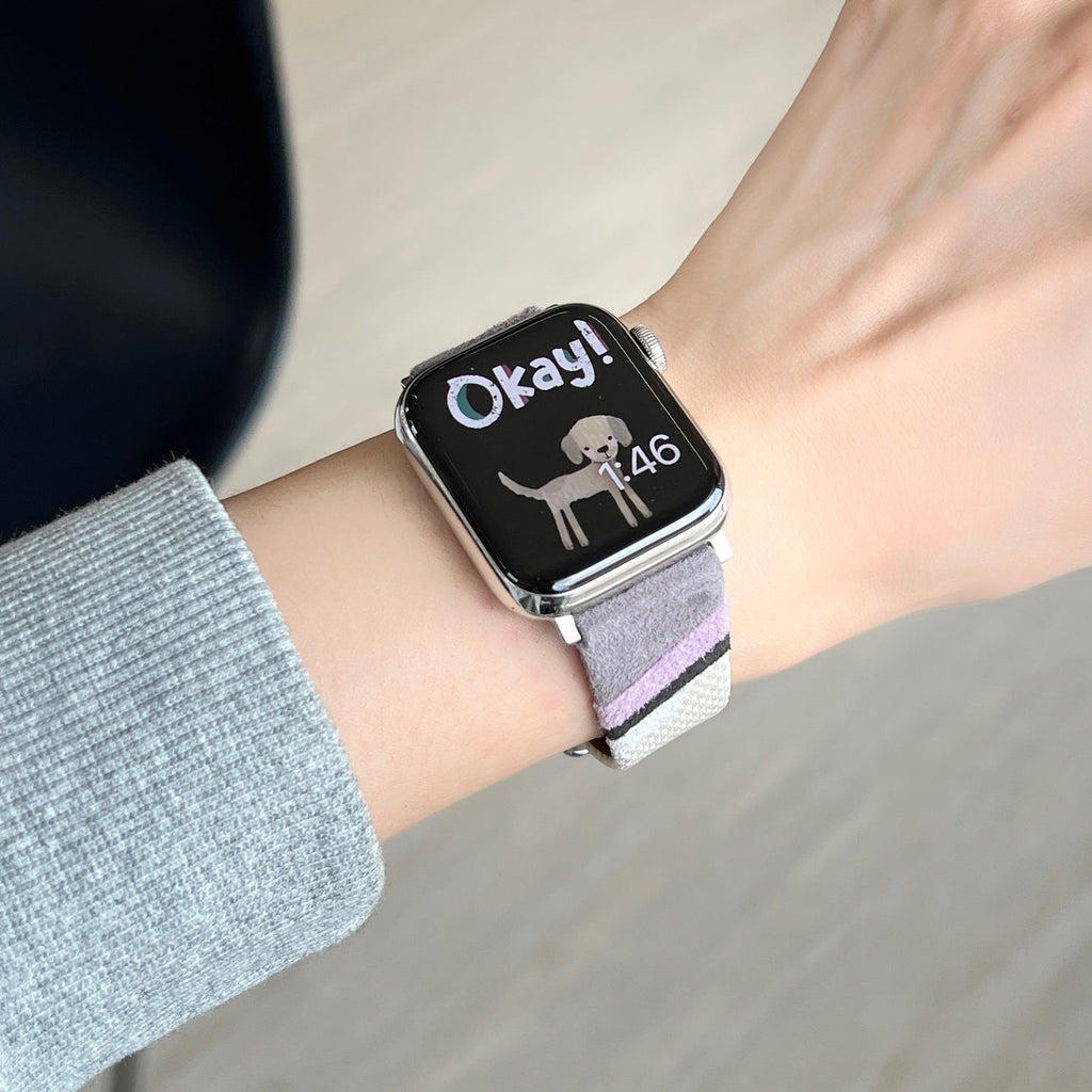Correa Apple Watch de tela tejida, motivos ondulados de colores, detalles de ante, modelo Claire