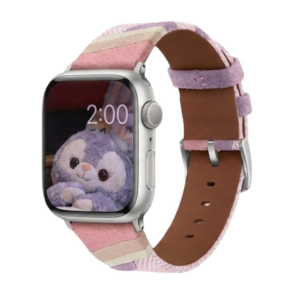 Correa Apple Watch de tela tejida, motivos ondulados de colores, detalles de ante, modelo Claire