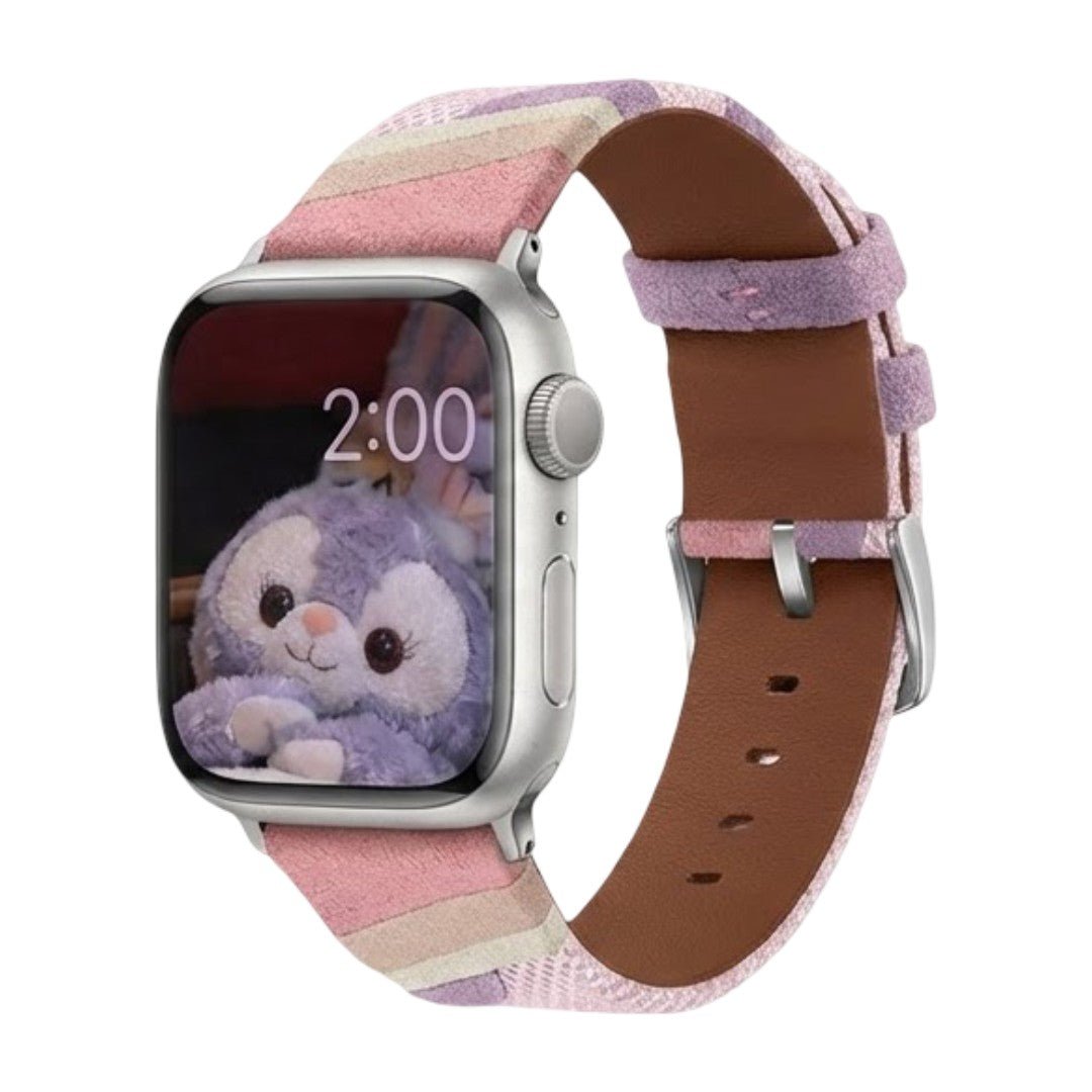 Correa Apple Watch de tela tejida, motivos ondulados de colores, detalles de ante, modelo Claire