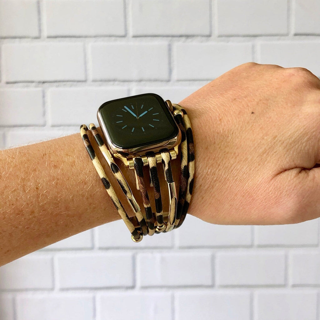 Correa de reloj Apple Watch leopardo, material sintético flexible y metal dorado, accesorio de moda ajustable para mujer, modelo Sabor