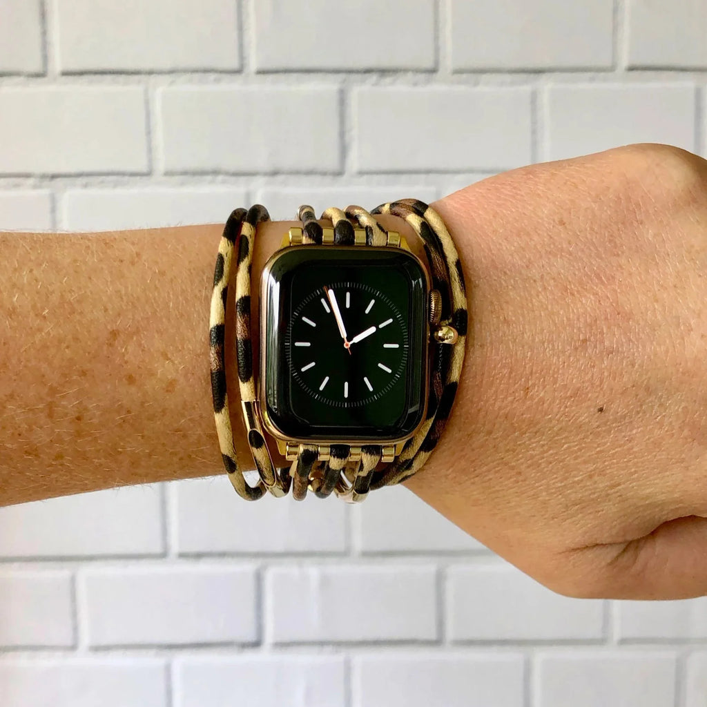 Correa de reloj Apple Watch leopardo, material sintético flexible y metal dorado, accesorio de moda ajustable para mujer, modelo Sabor