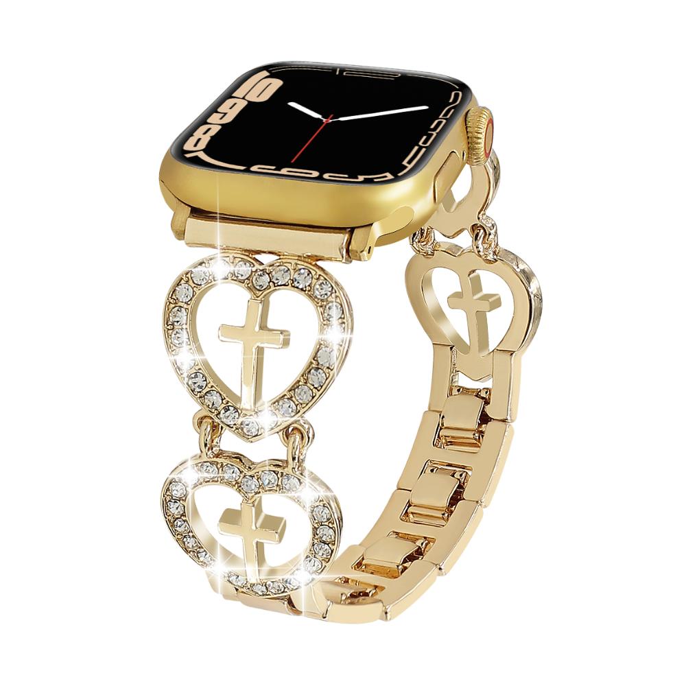 Correa para reloj inteligente de mujer, motivo de corazón y cruz, eslabones a presión, acabado plateado o dorado, joya religiosa moderna, modelo Relika