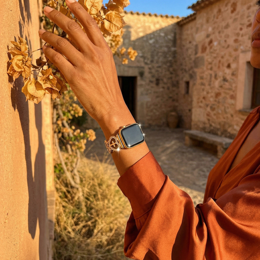 Correa para reloj inteligente de mujer, motivo de corazón y cruz, eslabones a presión, acabado plateado o dorado, joya religiosa moderna, modelo Relika