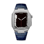 Correa de reloj en cuero split con carcasa integrada, compatible con Apple Watch, diseño tipo armadura moderna, hebilla de espiga, modelo Castillon