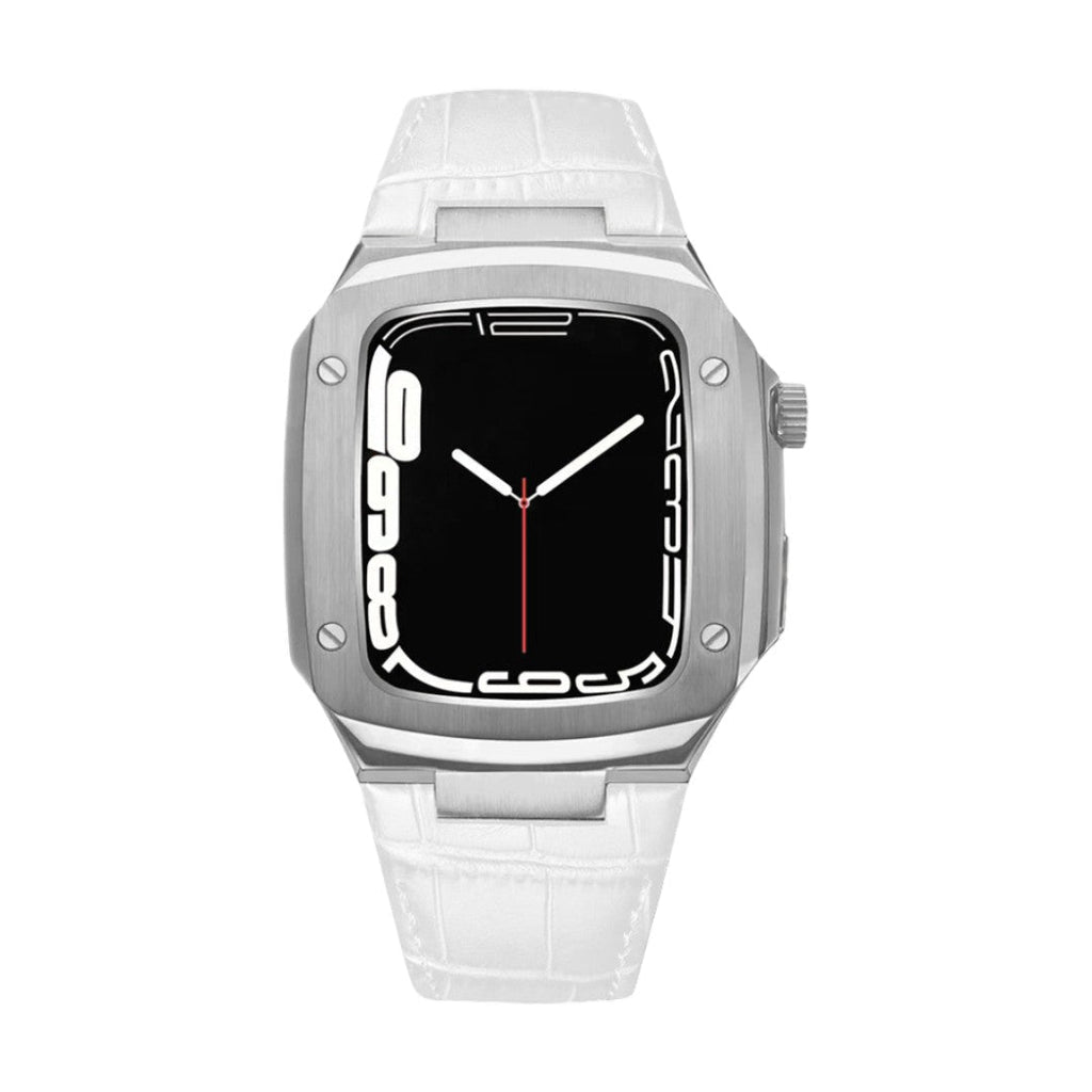 Correa de reloj en cuero split con carcasa integrada, compatible con Apple Watch, diseño tipo armadura moderna, hebilla de espiga, modelo Castillon