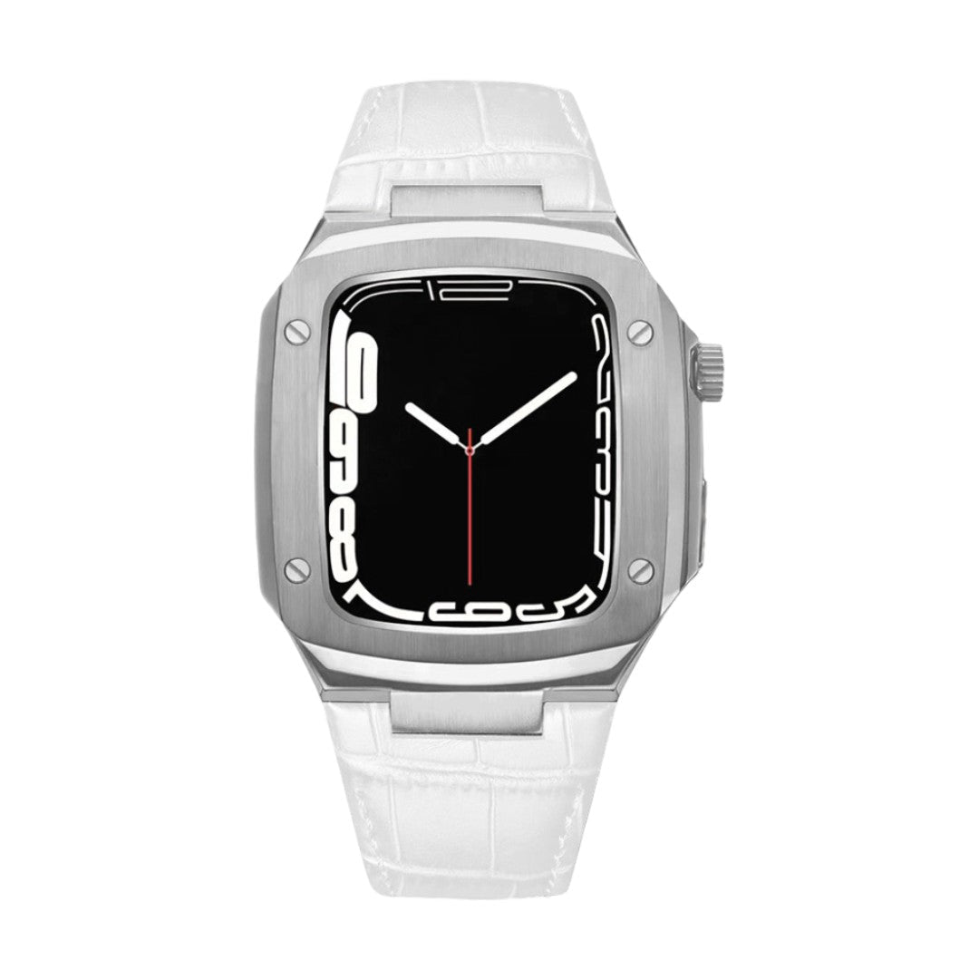 Correa de reloj en cuero split con carcasa integrada, compatible con Apple Watch, diseño tipo armadura moderna, hebilla de espiga, modelo Castillon