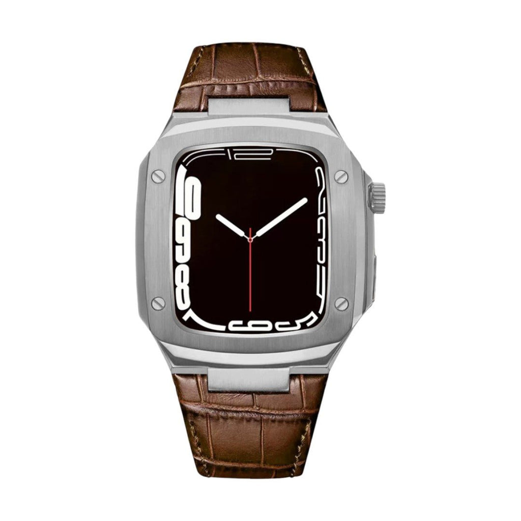 Correa de reloj en cuero split con carcasa integrada, compatible con Apple Watch, diseño tipo armadura moderna, hebilla de espiga, modelo Castillon