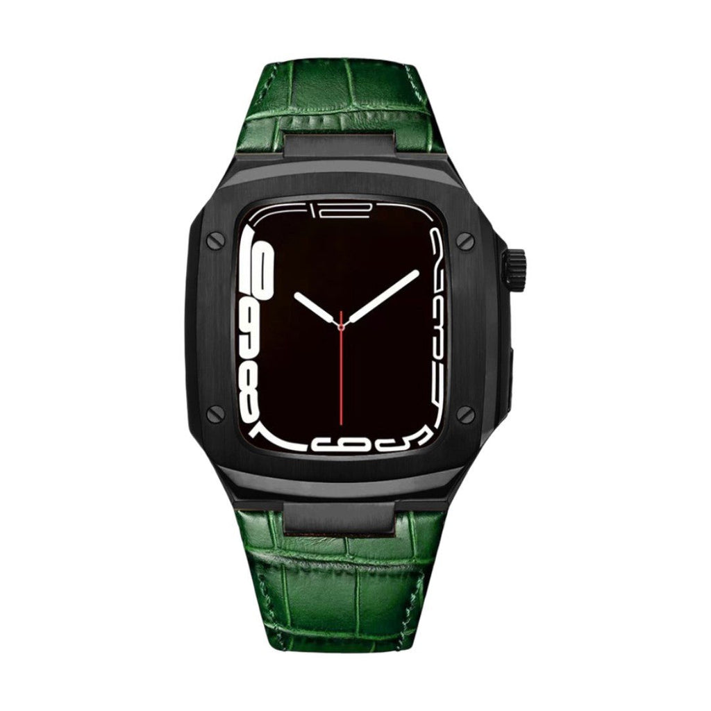 Correa de reloj en cuero split con carcasa integrada, compatible con Apple Watch, diseño tipo armadura moderna, hebilla de espiga, modelo Castillon