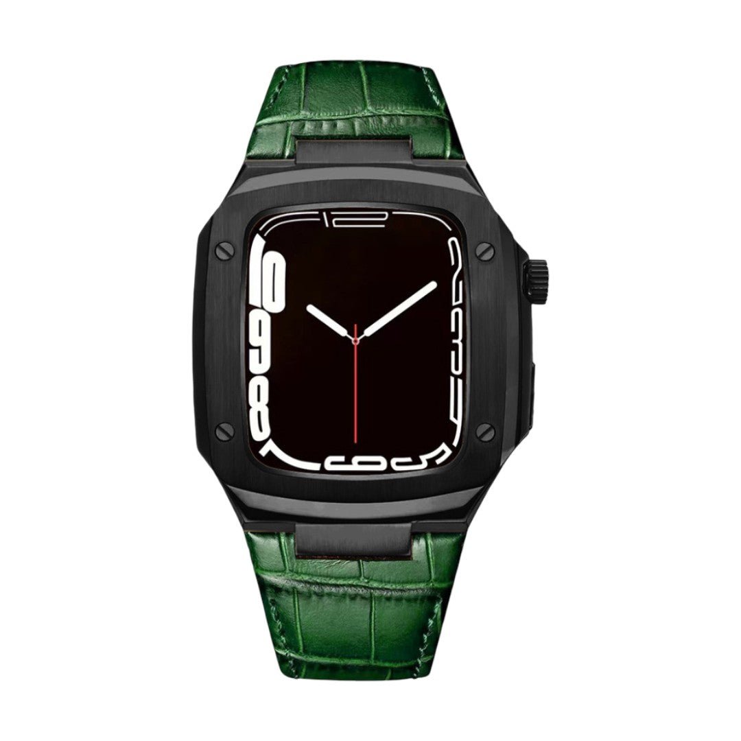 Correa de reloj en cuero split con carcasa integrada, compatible con Apple Watch, diseño tipo armadura moderna, hebilla de espiga, modelo Castillon