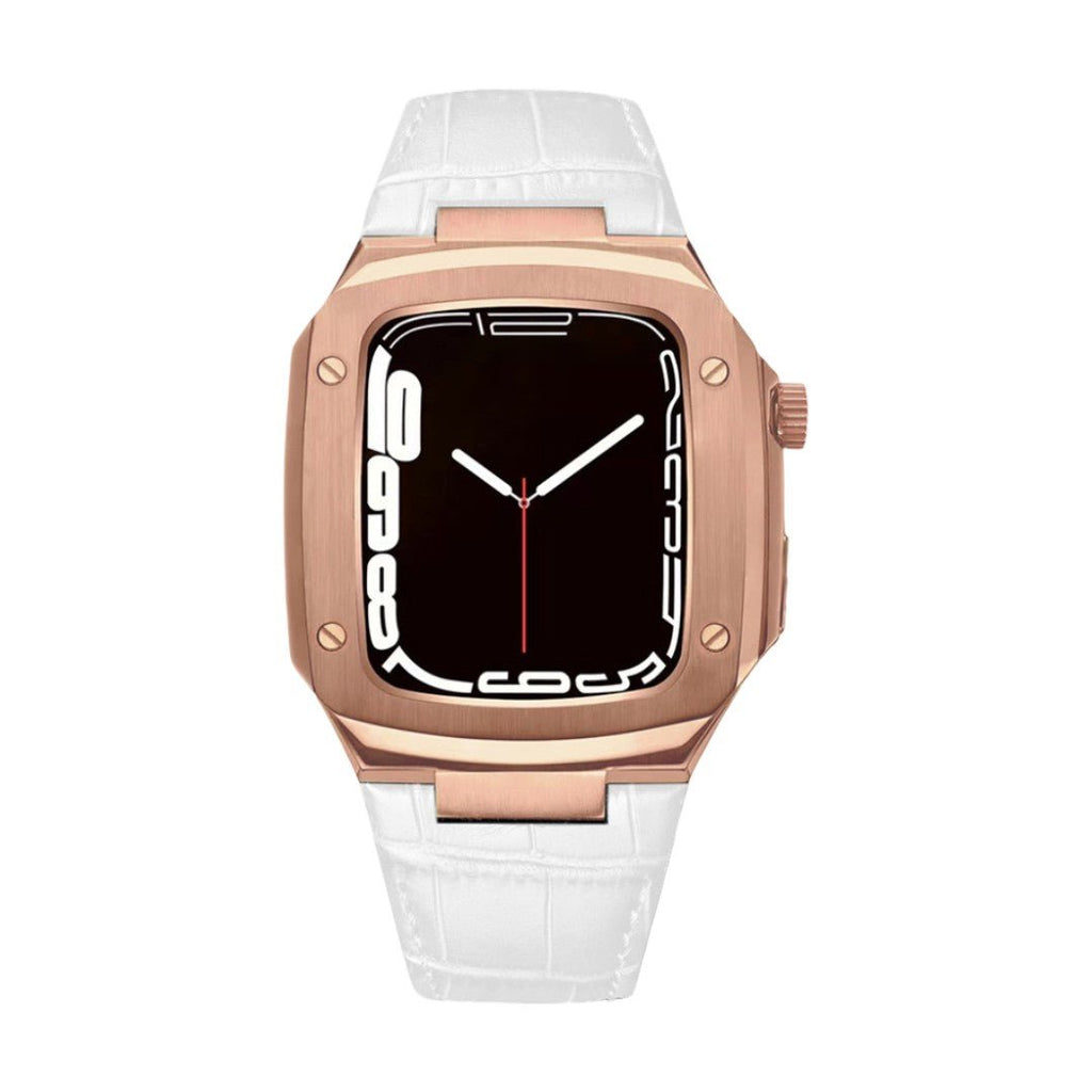 Correa de reloj en cuero split con carcasa integrada, compatible con Apple Watch, diseño tipo armadura moderna, hebilla de espiga, modelo Castillon