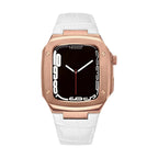 Correa de reloj en cuero split con carcasa integrada, compatible con Apple Watch, diseño tipo armadura moderna, hebilla de espiga, modelo Castillon