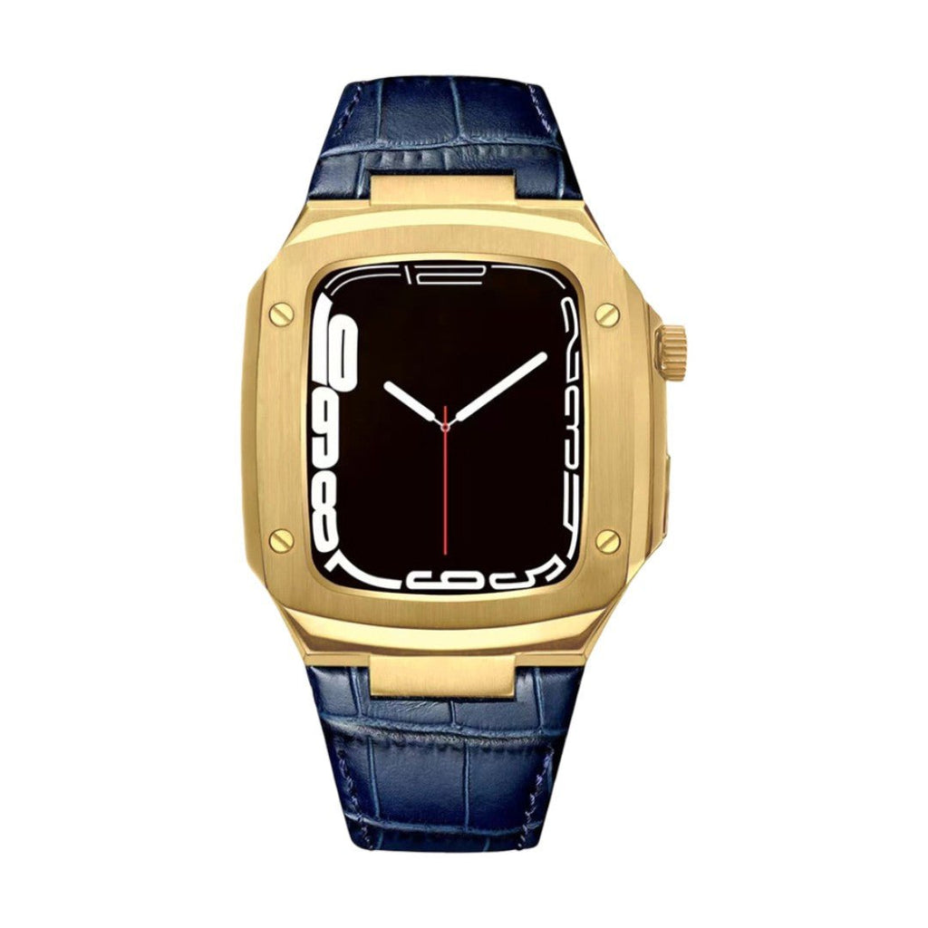 Correa de reloj en cuero split con carcasa integrada, compatible con Apple Watch, diseño tipo armadura moderna, hebilla de espiga, modelo Castillon