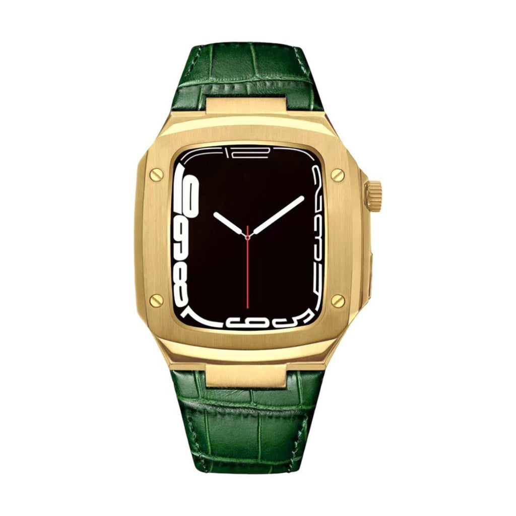 Correa de reloj en cuero split con carcasa integrada, compatible con Apple Watch, diseño tipo armadura moderna, hebilla de espiga, modelo Castillon