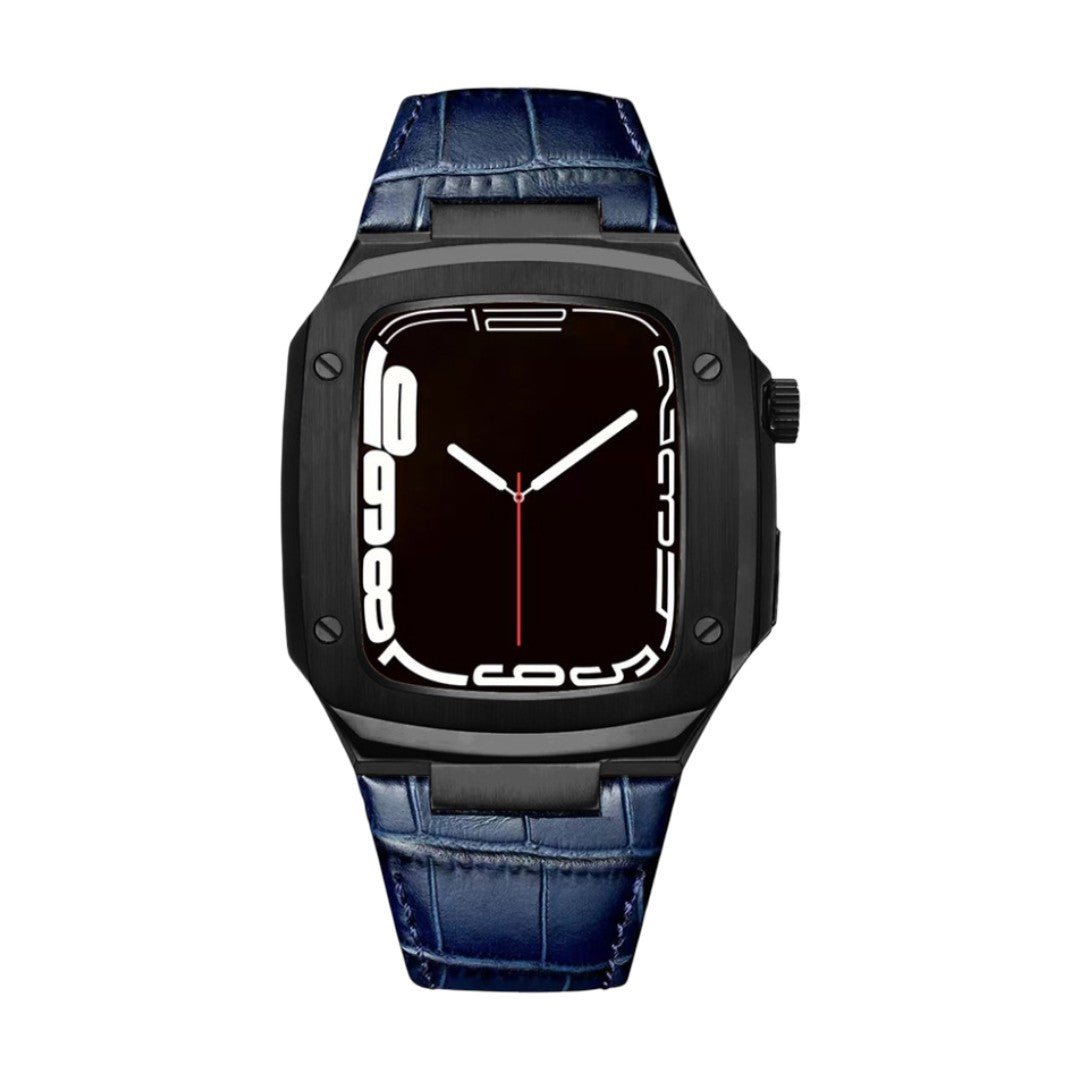 Correa de reloj en cuero split con carcasa integrada, compatible con Apple Watch, diseño tipo armadura moderna, hebilla de espiga, modelo Castillon