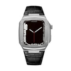 Correa de reloj en cuero split con carcasa integrada, compatible con Apple Watch, diseño tipo armadura moderna, hebilla de espiga, modelo Castillon