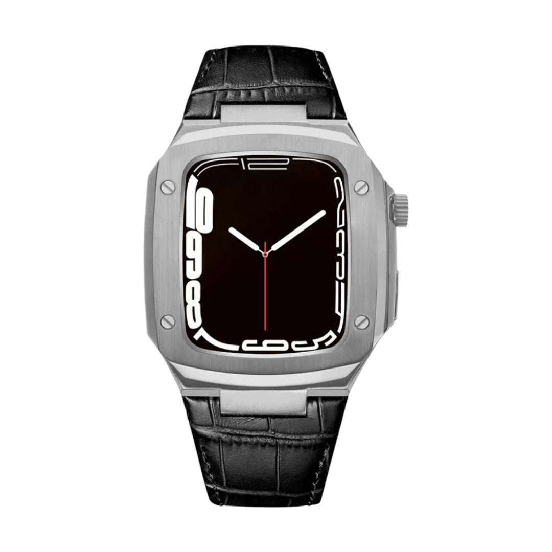Correa de reloj en cuero split con carcasa integrada, compatible con Apple Watch, diseño tipo armadura moderna, hebilla de espiga, modelo Castillon