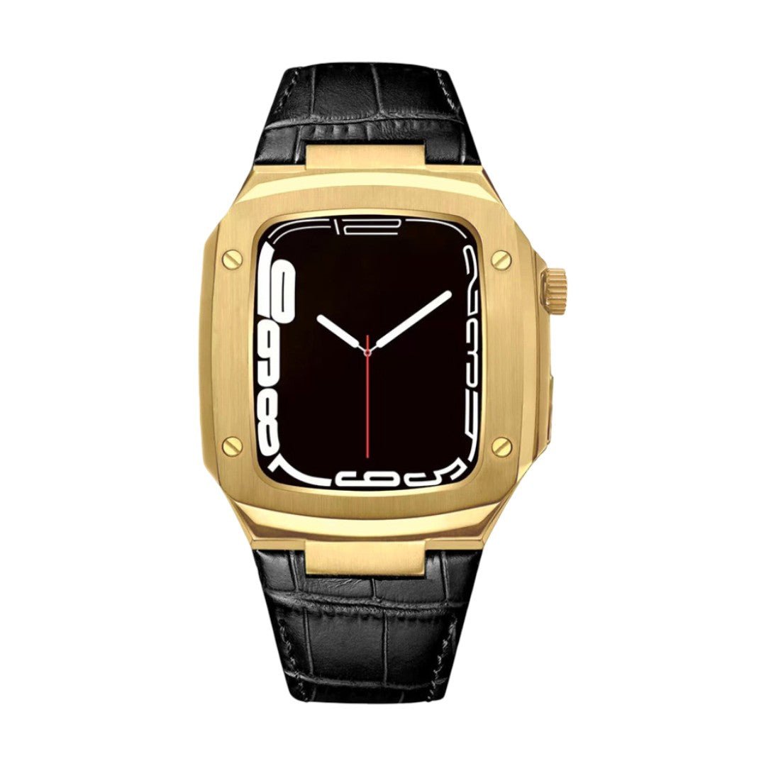 Correa de reloj en cuero split con carcasa integrada, compatible con Apple Watch, diseño tipo armadura moderna, hebilla de espiga, modelo Castillon