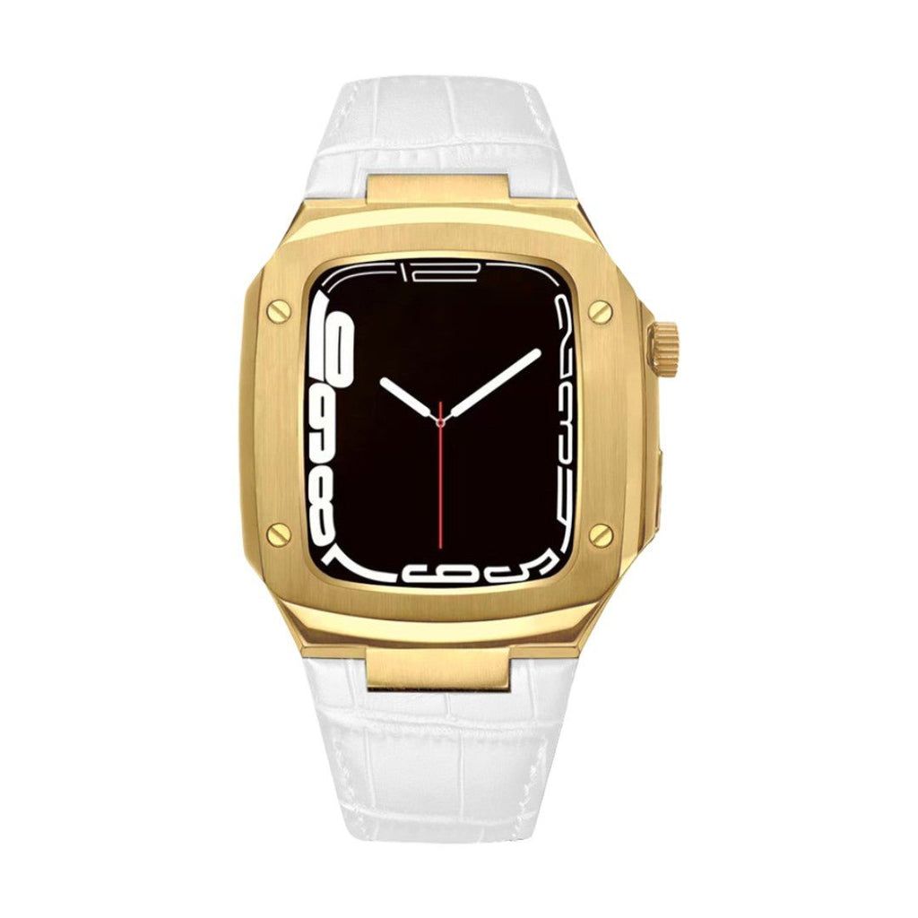Correa de reloj en cuero split con carcasa integrada, compatible con Apple Watch, diseño tipo armadura moderna, hebilla de espiga, modelo Castillon