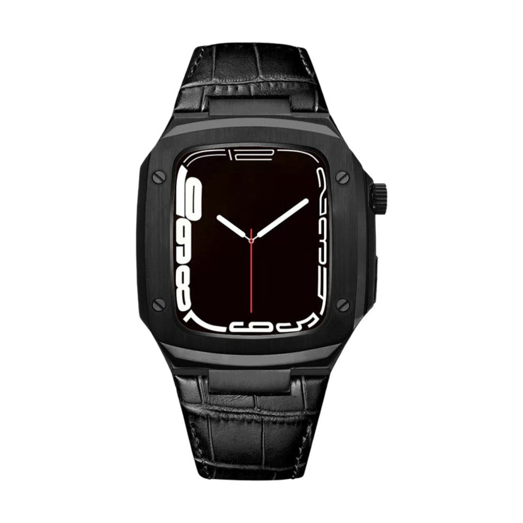 Correa de reloj en cuero split con carcasa integrada, compatible con Apple Watch, diseño tipo armadura moderna, hebilla de espiga, modelo Castillon