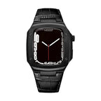 Correa de reloj en cuero split con carcasa integrada, compatible con Apple Watch, diseño tipo armadura moderna, hebilla de espiga, modelo Castillon