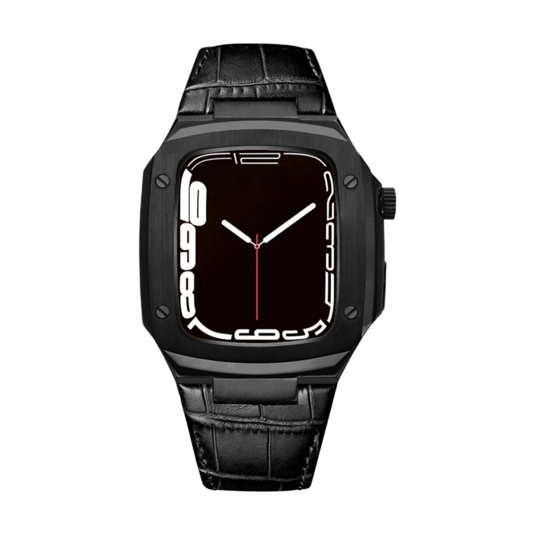Correa de reloj en cuero split con carcasa integrada, compatible con Apple Watch, diseño tipo armadura moderna, hebilla de espiga, modelo Castillon