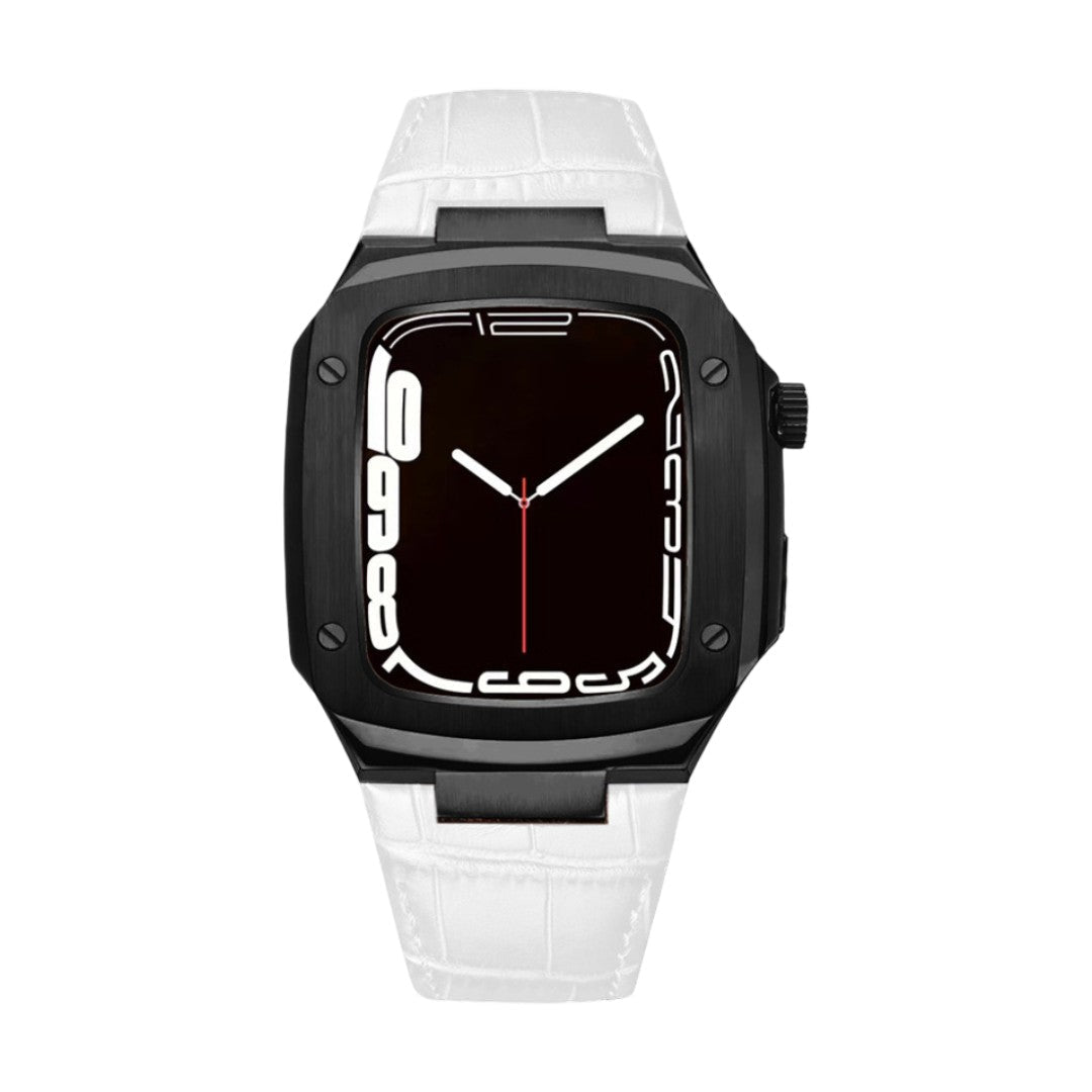 Correa de reloj en cuero split con carcasa integrada, compatible con Apple Watch, diseño tipo armadura moderna, hebilla de espiga, modelo Castillon