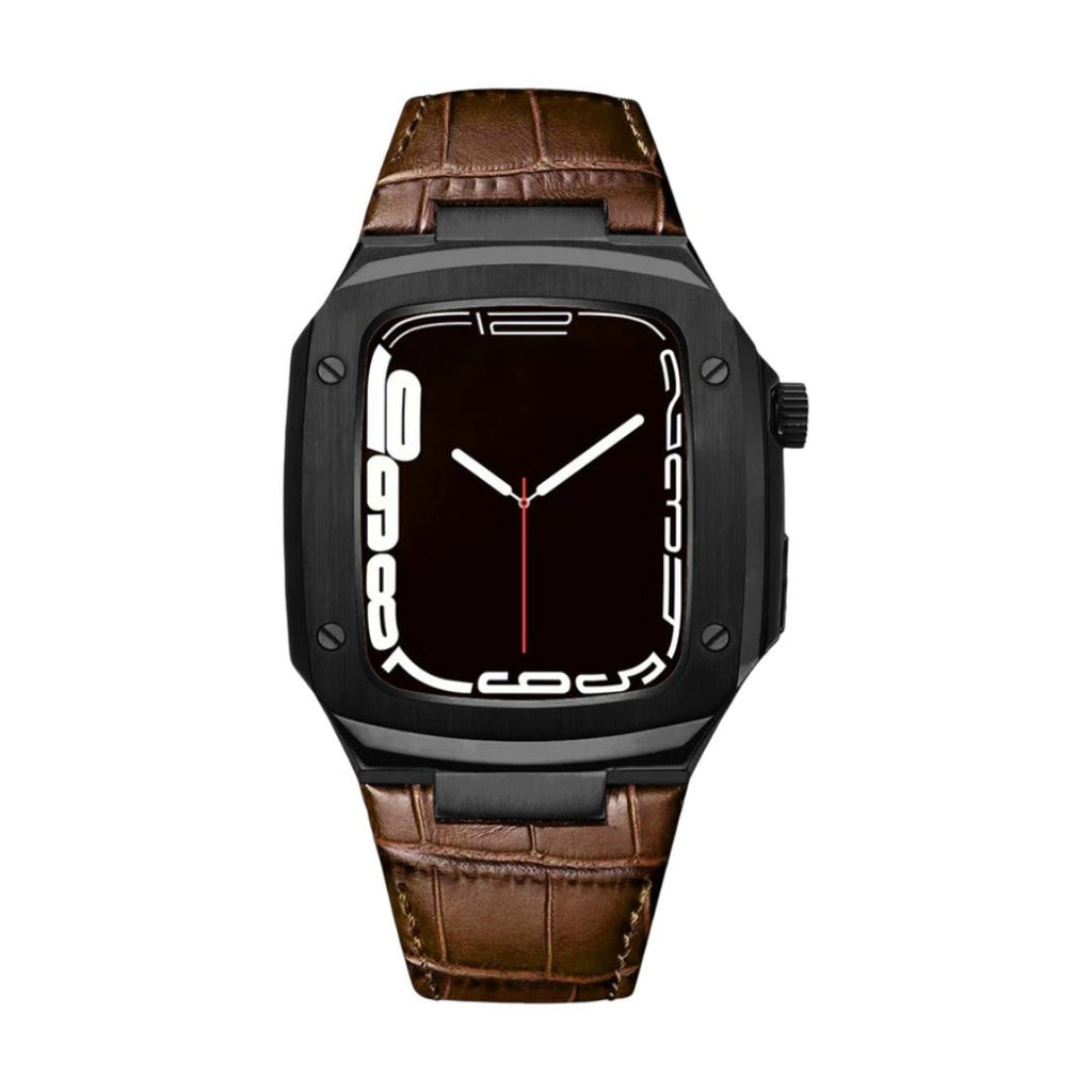 Correa de reloj en cuero split con carcasa integrada, compatible con Apple Watch, diseño tipo armadura moderna, hebilla de espiga, modelo Castillon