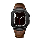 Correa de reloj en cuero split con carcasa integrada, compatible con Apple Watch, diseño tipo armadura moderna, hebilla de espiga, modelo Castillon