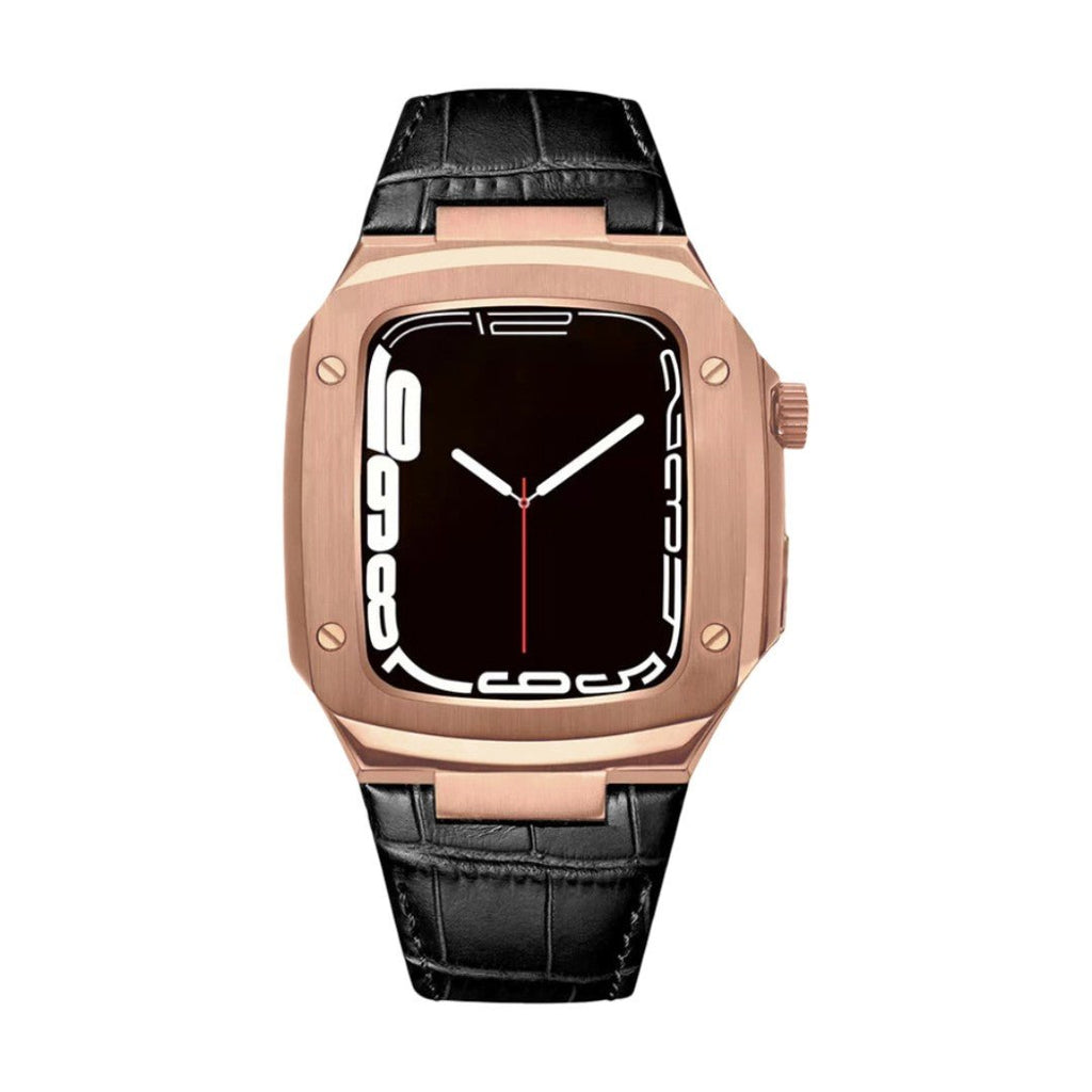 Correa de reloj en cuero split con carcasa integrada, compatible con Apple Watch, diseño tipo armadura moderna, hebilla de espiga, modelo Castillon