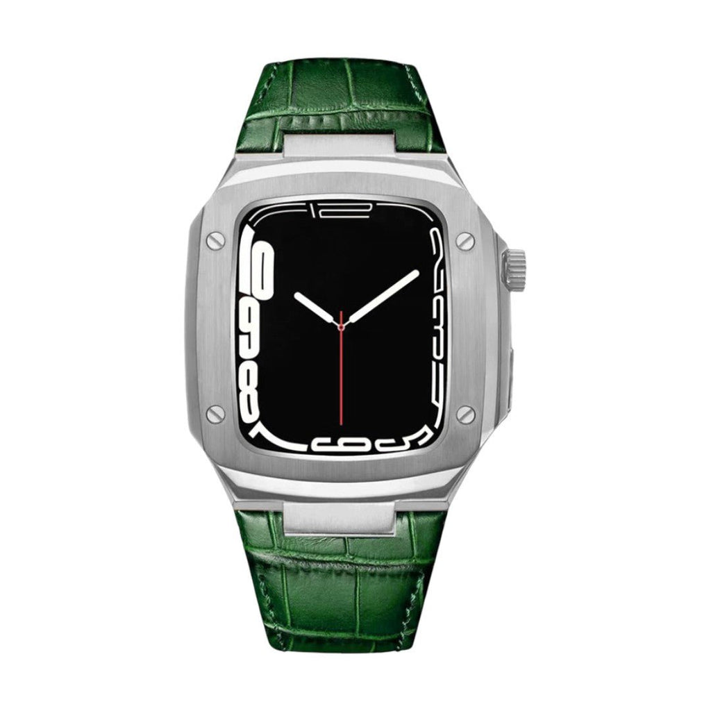 Correa de reloj en cuero split con carcasa integrada, compatible con Apple Watch, diseño tipo armadura moderna, hebilla de espiga, modelo Castillon
