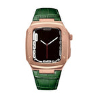 Correa de reloj en cuero split con carcasa integrada, compatible con Apple Watch, diseño tipo armadura moderna, hebilla de espiga, modelo Castillon
