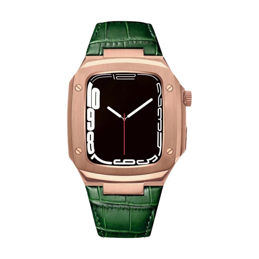 Correa de reloj en cuero split con carcasa integrada, compatible con Apple Watch, diseño tipo armadura moderna, hebilla de espiga, modelo Castillon